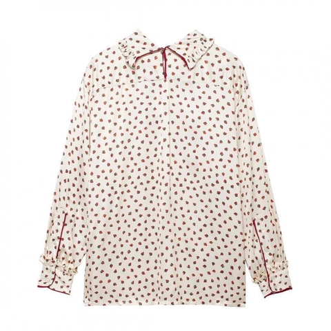 Completo da Donna Due Pezzi con Stampa Fragole Top a Maniche Lunghe con Volant e Pantaloni a Gamba Larga con Coulisse