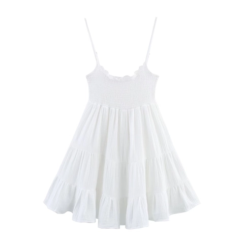 Women Elegant Cotton Blend Smocking Tiered Mini Dress Spaghetti Strap V Neck Casual Summer Beach Party Sleeveless Dress