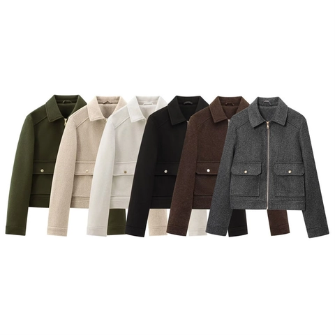 Giacca Corta Casual da Donna con Trama Lanosa Chiusura a Zip Revers Abbigliamento Esterno Corto Tinta Unita Cappotto Manica Lunga con Tasche