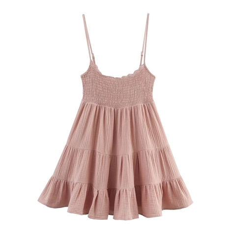Women Elegant Cotton Blend Smocking Tiered Mini Dress Spaghetti Strap V Neck Casual Summer Beach Party Sleeveless Dress