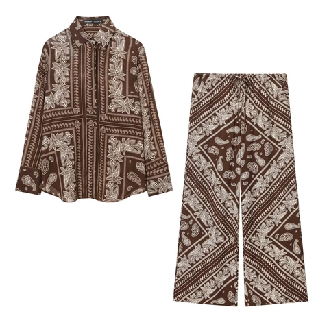 Ensemble Chemise Manches Longues Ample Et Pantalon Large Femme Imprimé Paisley Vintage Bohème Casual Vacances Tenue