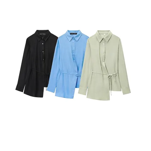 Camisa Elegante para Mujer Manga Larga Mezcla de Lino Dobladillo Asimétrico Blusa Casual con Lazo Color Sólido Cuello Polo
