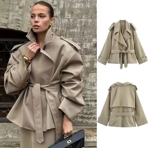 Trench-Coat Mi-long Décontracté Et Ample Pour Femmes Avec Ceinture Revers Épaulettes Kaki Veste Tissée Coupe-vent Pour Printemps Automne