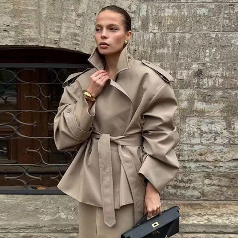 Trench-Coat Mi-long Décontracté Et Ample Pour Femmes Avec Ceinture Revers Épaulettes Kaki Veste Tissée Coupe-vent Pour Printemps Automne