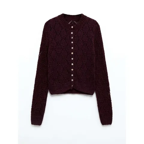 Women Vintage Burgundy Hollow Out Knit Cardigan Satiny Cotton Pointelle Round Neck Long Sleeve Button Up Sweater Top