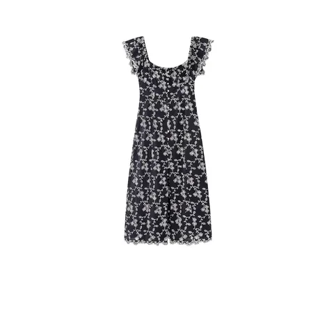 Women French Vintage Floral Embroidery Midi Dress Square Neck Ruffle Sleeve Button Front A-Line Summer Party Vacation Dress