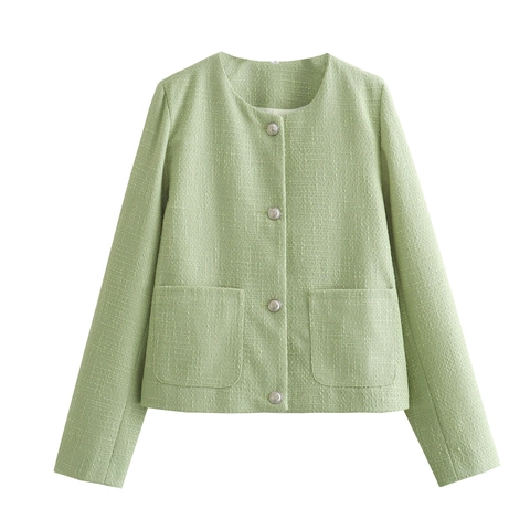 Damen Hellgrün Tweed Jacke Elegant Rundhals Silberknöpfe Patch-Taschen Chanel-Stil Lässig Schick Langarm Außenjacke Mantel
