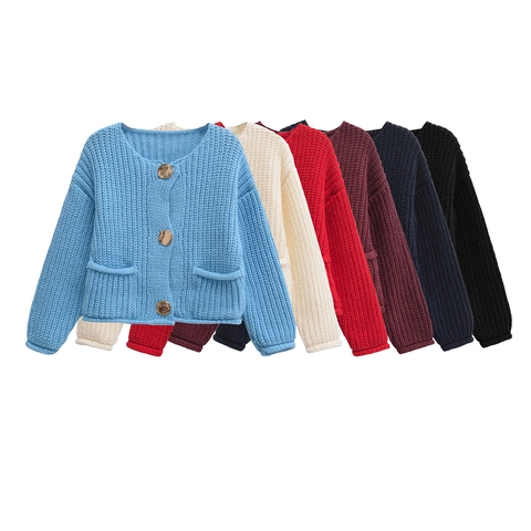 Cardigan da Donna in Maglia Grossa Casual Girocollo con Bottoni Maglione con Tasche Manica Lunga Tinta Unita