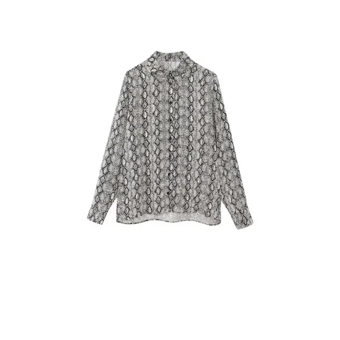 Women Long Sleeve Snake Print Shirt Elegant Lapel Button Up Satin Texture Blouse Polyester Animal Pattern Top For Autumn