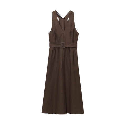 Vestido de Verano para Mujer Cuello en V Sin Mangas Lino Algodón Línea A Con Cinturón Cremallera Trasera Color Sólido Vestido Maxi Elegante