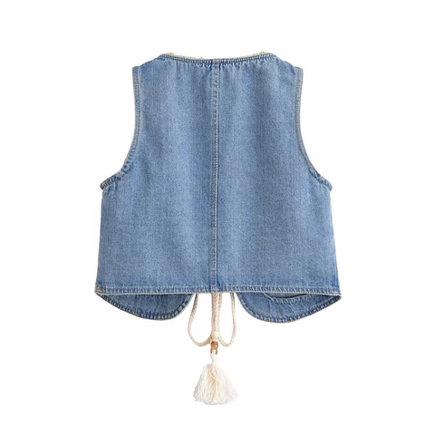 Women Vintage Bohemian Denim Vest Sleeveless V Neck Lace Trim Crop Top With Tassels And Wood Beads Light Blue Waistcoat