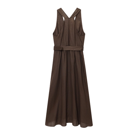 Vestido de Verano para Mujer Cuello en V Sin Mangas Lino Algodón Línea A Con Cinturón Cremallera Trasera Color Sólido Vestido Maxi Elegante