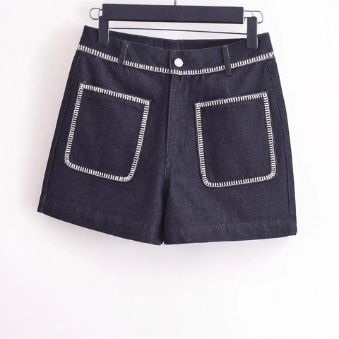 Pantaloncini Jeans Donna Vita Alta Cuciture a Contrasto Gamba Dritta Pantaloncini di Jeans Con Grandi Tasche Retro Casual Pantaloni