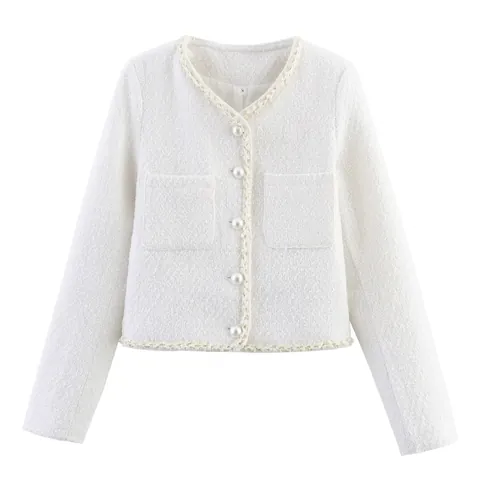 Chaqueta de Tweed Blanca Elegante para Mujer Botones de Perlas Artificiales Manga Larga Cuello Redondo Ribete Trenzado Otoño Chic