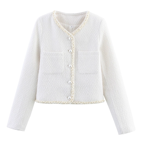 Chaqueta de Tweed Blanca Elegante para Mujer Botones de Perlas Artificiales Manga Larga Cuello Redondo Ribete Trenzado Otoño Chic