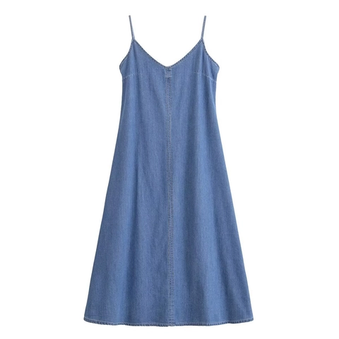 Dames Casual Denim Spaghettibandjes Jurk Elegant V-Hals Mouwloos A-Lijn Midi Denim Jurk Voor Zomervakantie Blauw Gewassen Katoen Denim Jurk
