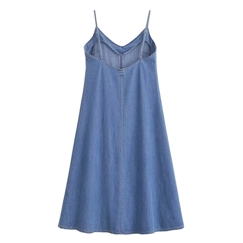 Dames Casual Denim Spaghettibandjes Jurk Elegant V-Hals Mouwloos A-Lijn Midi Denim Jurk Voor Zomervakantie Blauw Gewassen Katoen Denim Jurk