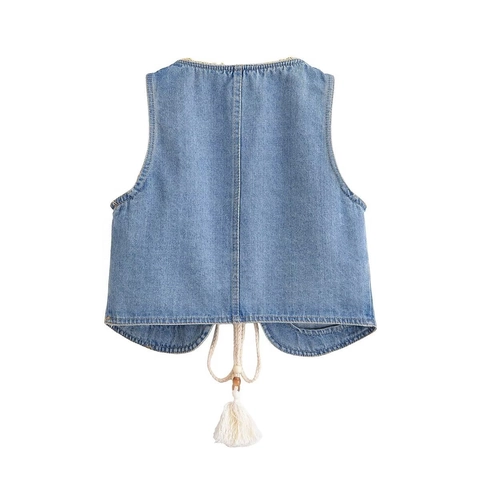 Gilet en Jean Bohème Vintage pour Femme Sans Manches Col en V Bordure en Dentelle Crop Top avec Glands et Perles en Bois