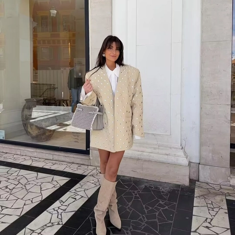 Dames Casual Oversized Blazer Jas Zilveren Klinknagel Pailletten Decoratie Diepe V-hals Losse Lange Mouw Beige Pakjas
