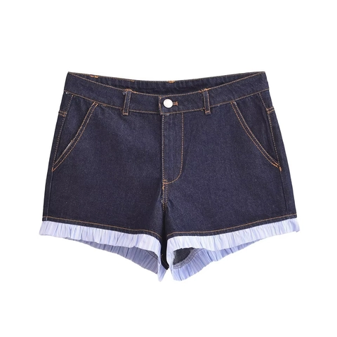 Pantaloncini di Jeans Casual da Donna a Vita Alta Patchwork Volant Orlo a Righe Blu Scuro Cuciture a Contrasto Estate