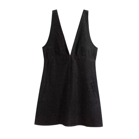 Vestido Midi de Mezclilla sin Mangas con Cuello en V para Mujer Cremallera Frontal Línea A Color Sólido Mezcla de Algodón Streetwear