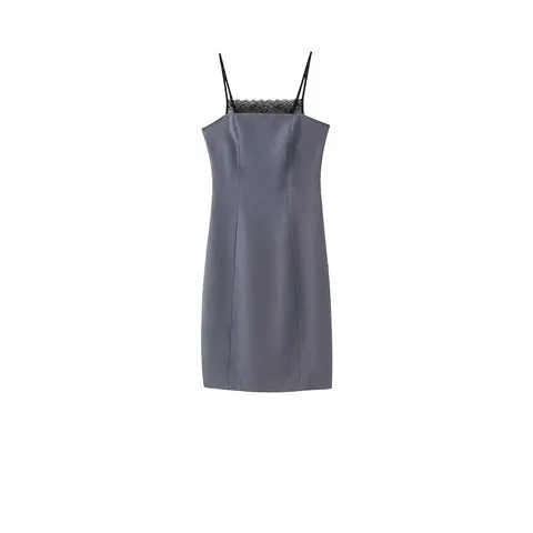 Damen Casual Slim Fit Spitze Detail Nadelstreifen Trägerkleid V-Ausschnitt Ärmellos Sommer Streetwear Midikleid Grau Polyester