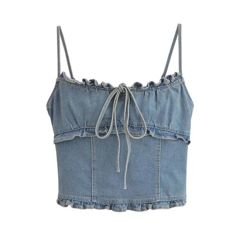 Dames Lichtblauw Gewassen Denim Camisole Ruffle Trim Strik Voor Smocked Achterkant Verstelbare Band Zomer Casual Crop Top