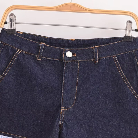 Pantaloncini di Jeans Casual da Donna a Vita Alta Patchwork Volant Orlo a Righe Blu Scuro Cuciture a Contrasto Estate
