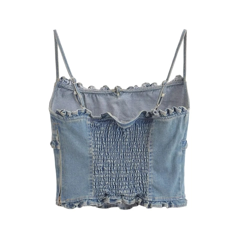 Dames Lichtblauw Gewassen Denim Camisole Ruffle Trim Strik Voor Smocked Achterkant Verstelbare Band Zomer Casual Crop Top