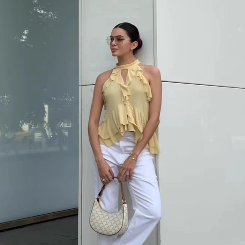 Top Halter con Volantes para Mujer Blusa de Gasa en Capas Sin Mangas con Lazo en la Espalda Elegante Verano Color Sólido