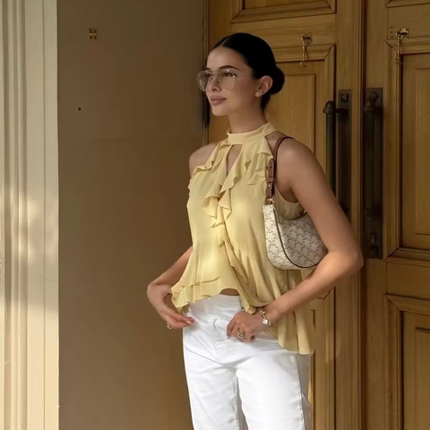 Top Halter con Volantes para Mujer Blusa de Gasa en Capas Sin Mangas con Lazo en la Espalda Elegante Verano Color Sólido