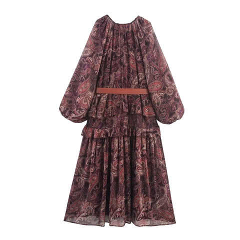 Vintage Paisley Print V-Ausschnitt Maxikleid Für Damen Rüschenbesatz Langarm Laternenärmel Mit Gürtel Böhmisches Elegantes Herbstkleid