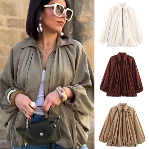Damen Fashion Plissierte Puffärmel Bomberjacke Reißverschluss Laternenärmel Lockere Oberbekleidung Hemd Für Damen Casual Streetwear
