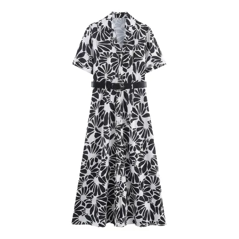 Dames Zomer Casual Polyester Poplin Maxi Jurk Zwart Wit Botanisch Bloemmotief Met Riem Korte Mouw Overhemdjurk