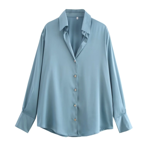 Dames Satijn Lange Mouw Overhemd Elegant Omslagkraag Kantoor Blouse Gestreepte Effen Kleur Mode Tops Voor Dames