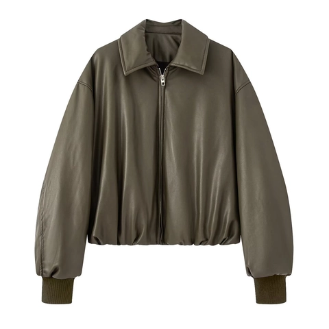 Women Casual Oversized Faux Leather Padded Jacket Thick Warm Vintage Bomber Jacket With Ribbed Cuffs Lapel Zipper Puffer Coat