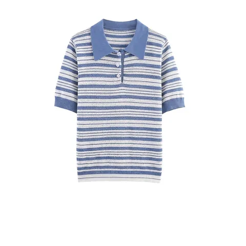 Women Striped Knit Polo Shirt Short Sleeve Blue White Contrast Button Down Hollow Out Breathable Casual Summer Top