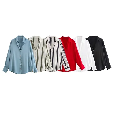 Dames Satijn Lange Mouw Overhemd Elegant Omslagkraag Kantoor Blouse Gestreepte Effen Kleur Mode Tops Voor Dames