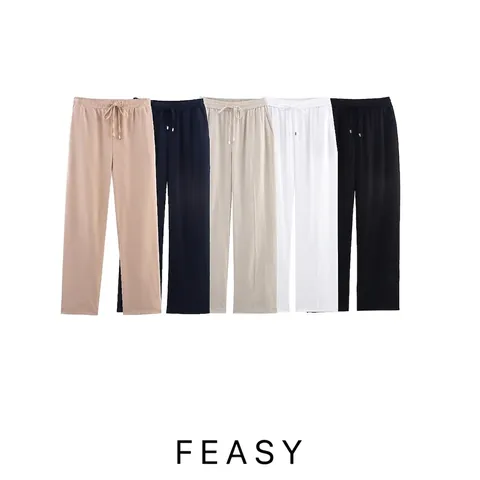 Pantalon Décontracté en Mélange de Lin pour Femmes Coupe Droite avec Cordon Élastique Taille Haute Respirant Été