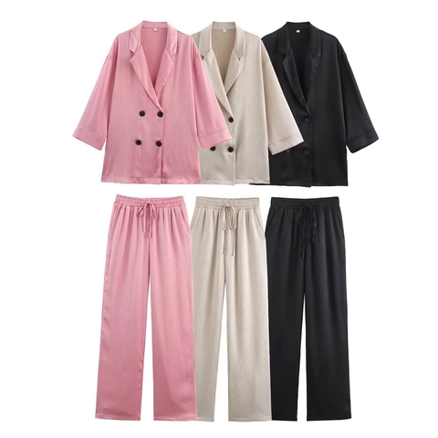 Dames Casual Double Breasted Blazer En Wijde Pijpen Broek Outfit Geplooide Textuur Effen Kleur Elegant Tweedelig Kleding Pak