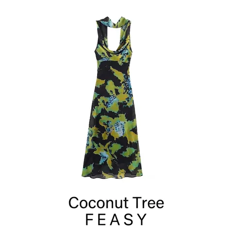 Damen Ärmelloses Maxikleid Mit Abstraktem Druck Leichtes Chiffon-Kleid Mit Wasserfallausschnitt Und Schal-Detail Sommer Streetwear