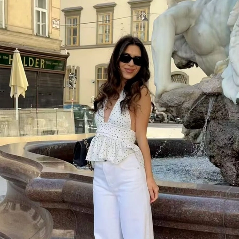 Women Halter Neck Deep V Top Ruffle Hem Peplum Sleeveless Backless Crinkled Fabric Polka Dot Solid Casual Vacation Summer Tank Top