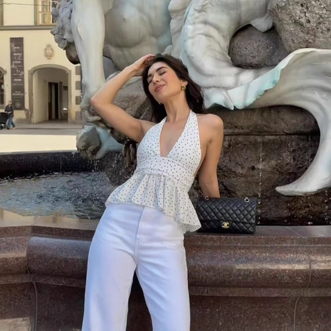 Women Halter Neck Deep V Top Ruffle Hem Peplum Sleeveless Backless Crinkled Fabric Polka Dot Solid Casual Vacation Summer Tank Top