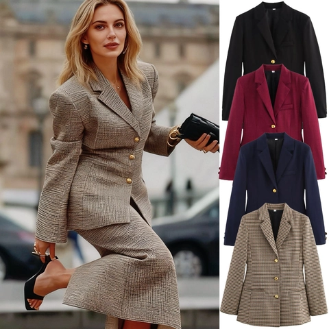 Γυναικείο Φθινοπωρινό Κομψό Houndstooth Μονόχρωμο Μπλέιζερ Στενή Γραμμή Μεσαίου Μήκους Σακάκι Με Ζώνη Χρυσά Κουμπιά Τοπ Γραφείου