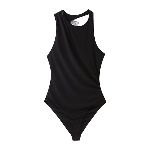 Women Halter Bodysuit Asymmetric Cut Out Slim Fit Solid Color Polyester Top With Rhinestone Bow Detail Sexy Elegant Apparel