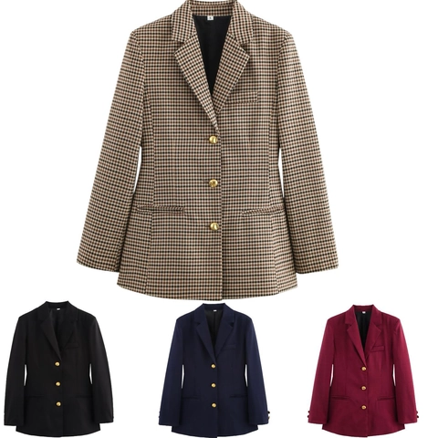 Γυναικείο Φθινοπωρινό Κομψό Houndstooth Μονόχρωμο Μπλέιζερ Στενή Γραμμή Μεσαίου Μήκους Σακάκι Με Ζώνη Χρυσά Κουμπιά Τοπ Γραφείου