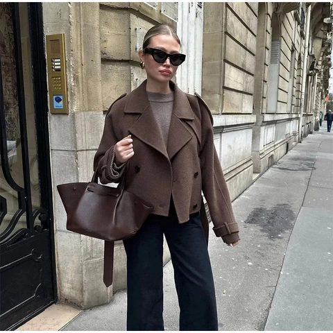 Damen Kurz Wollmantel Elegant Zweireihig Gürtel Jacke Oversize Revers Herbst Winter Mode Oberbekleidung Braun