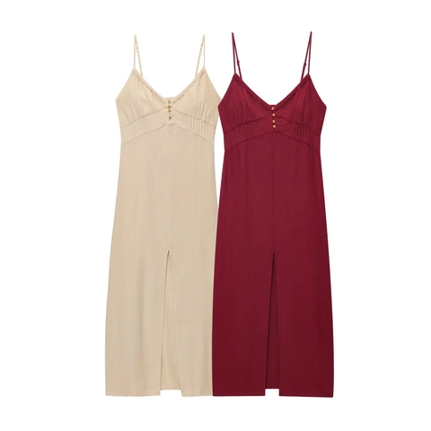 Women Linen Blend Cami Midi Dress French Vintage V Neck Lace Trim Slit High Waist Summer Casual Sleeveless Dress