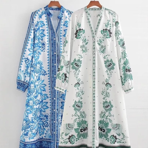 Robe Maxi À Imprimé Fleuri Col En V Simple Boutonnage Manches Longues Lanterne Rétro Vacances Bohème Avec Ceinture