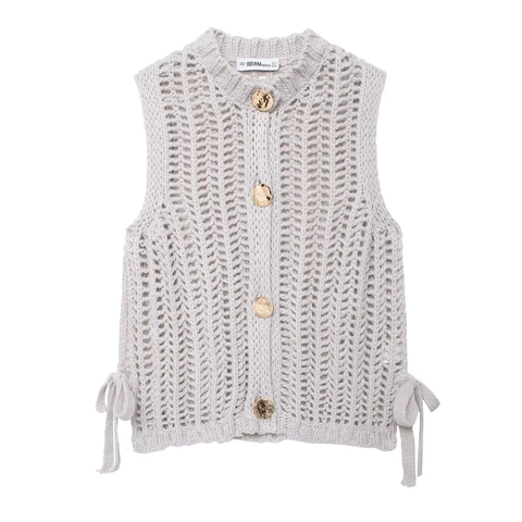 Dames Retro Opengewerkt Gebreid Vest Casual Mouwloos Sweater Top Met Gouden Gehamerde Knopen En Zijstrikken Lichtgrijs